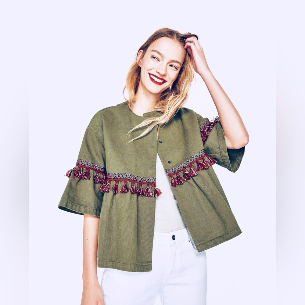 Zara Basic XS Denim Olive Green Cropped Fringe Jacket